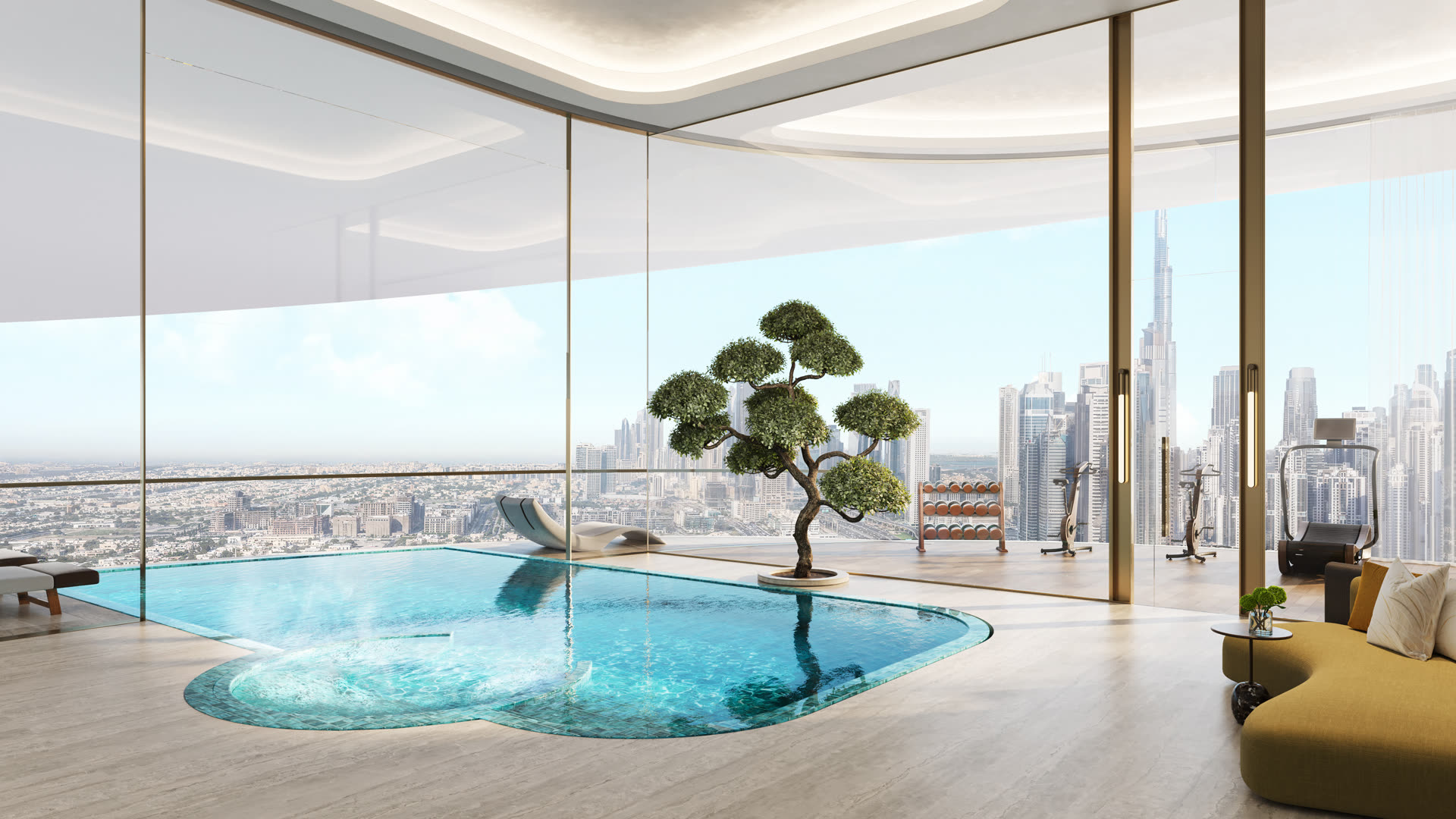 A residence's private pool behind curved floor-to-ceiling glass, with the Dubai skyline beyond