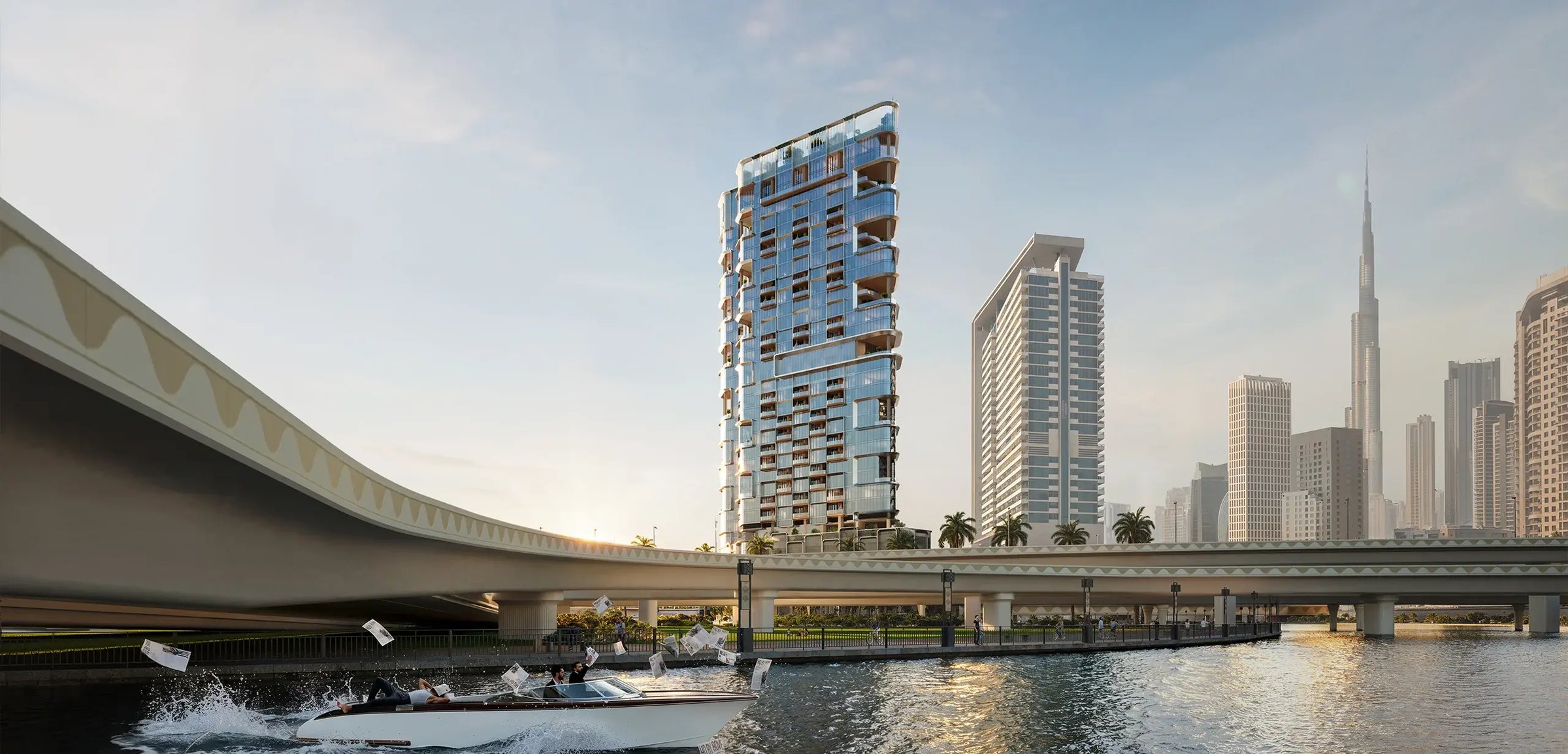 HQ by Rove on the Dubai Water Canal beside the bridge, with the Burj Khalifa skyline behind