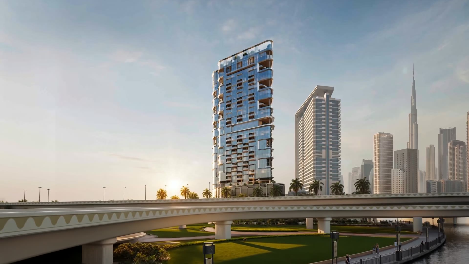 HQ by Rove rising beside the Dubai Water Canal bridge at Marasi Bay, with the Business Bay towers and Burj Khalifa behind