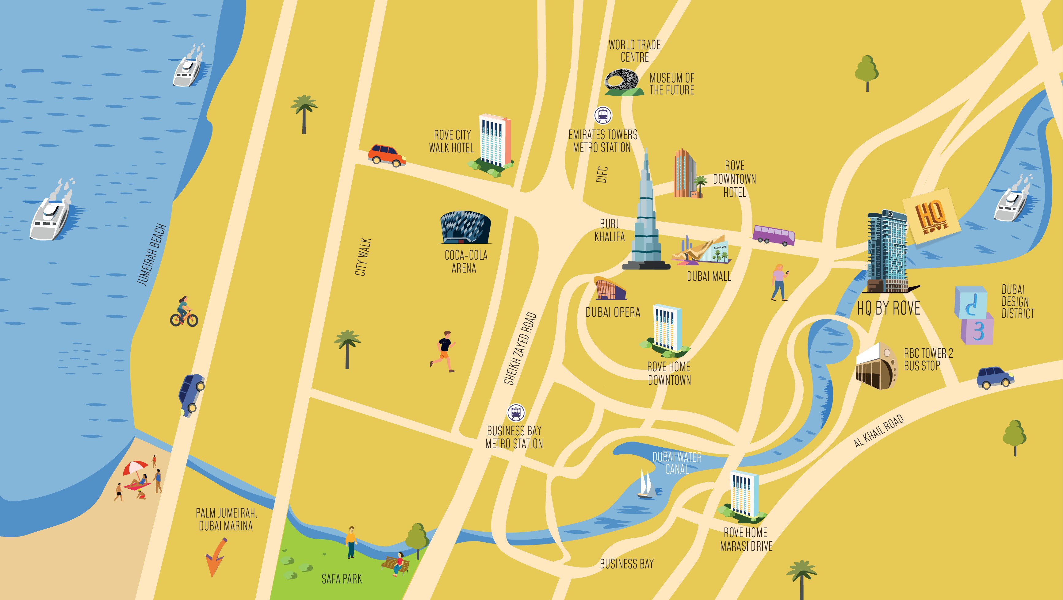 Illustrated map of Business Bay and the Dubai Water Canal showing HQ by Rove at Marasi Bay, Downtown Dubai, DIFC, Dubai Design District and the roads between them