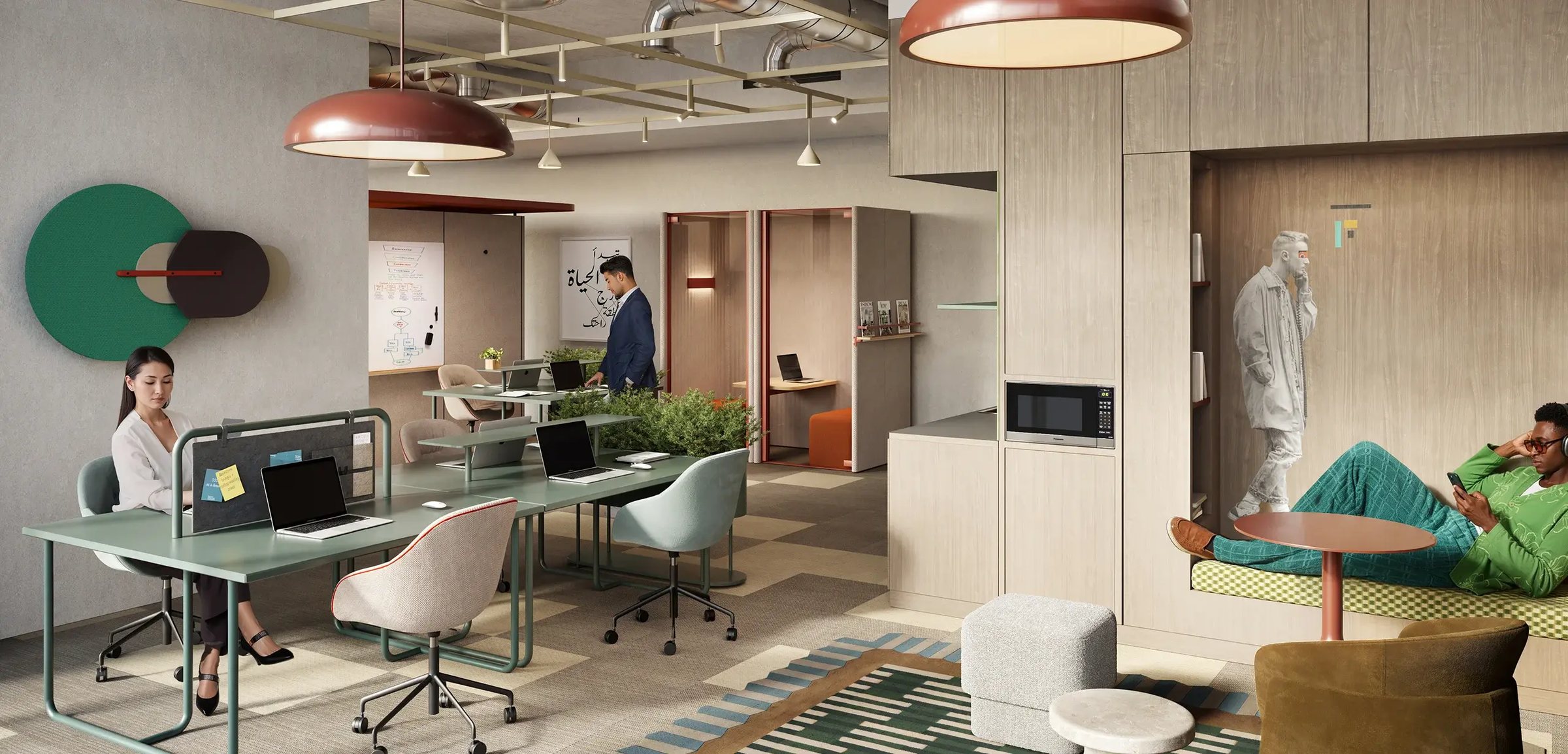 A modular office at HQ by Rove — open workstations under pendant lamps, a focus booth and a breakout corner