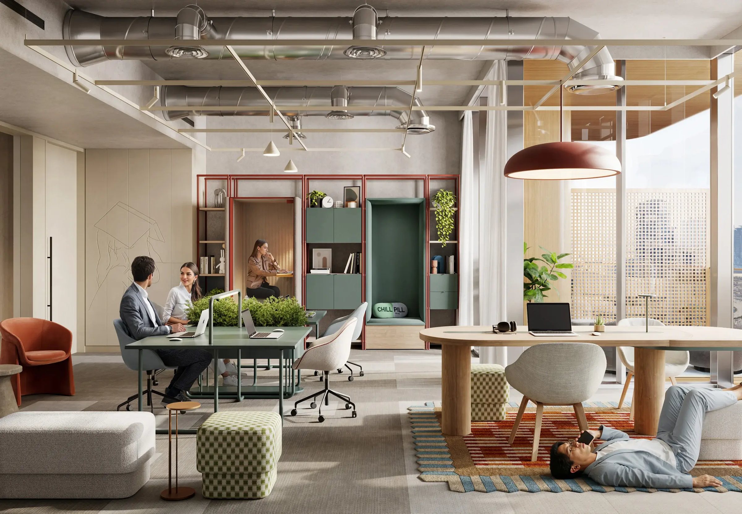 Inside an office — a team at a planted desk beside a red-framed storage wall