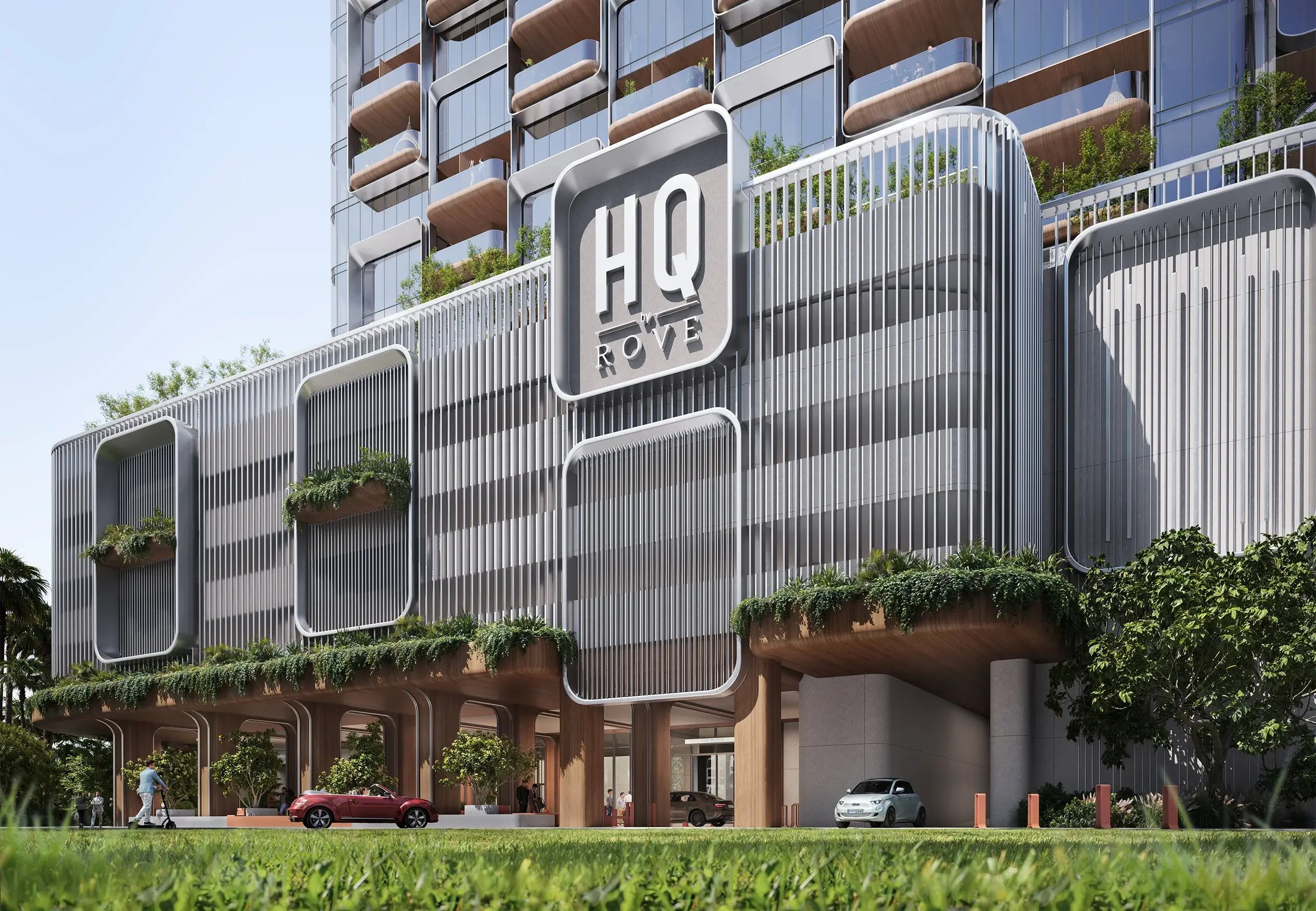 The podium with the HQ sign, planted terraces and the drop-off