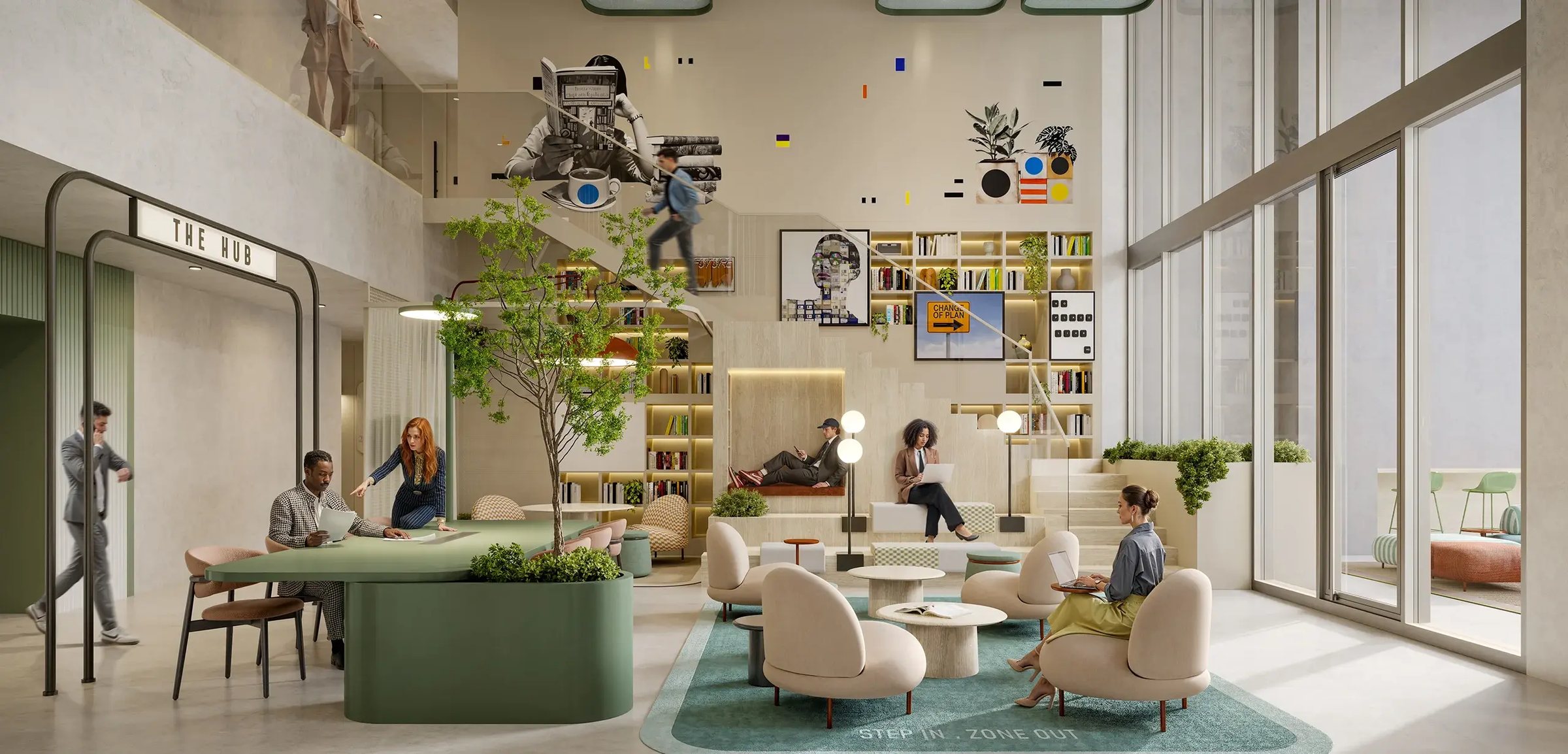 The Hub — a double-height lounge with a library wall, indoor trees and soft seating
