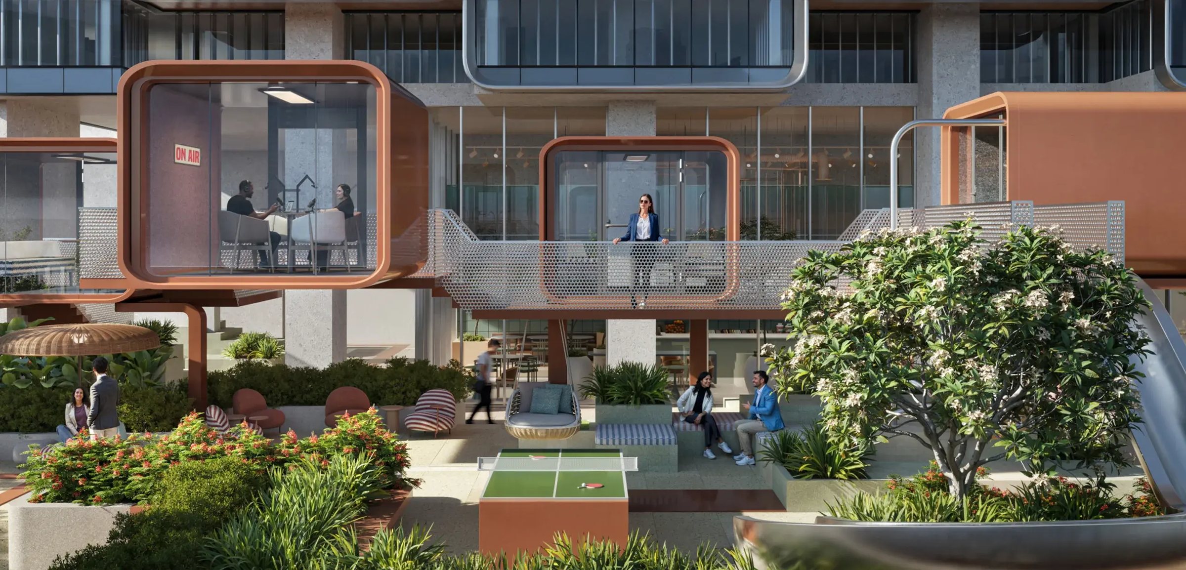 Floating treehouse pods among the podium garden