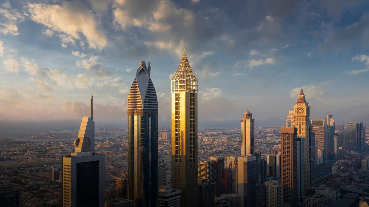 Sheikh Zayed Road skyline at golden hour