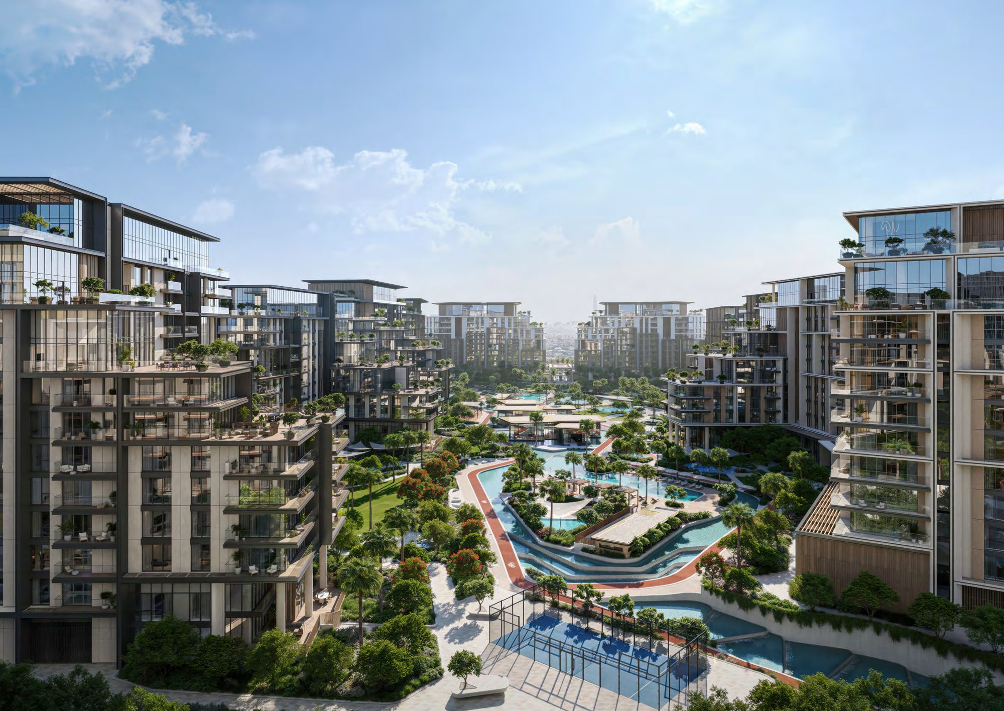 The central water spine at City Walk Crestlane, with the mid-rise residences on either bank