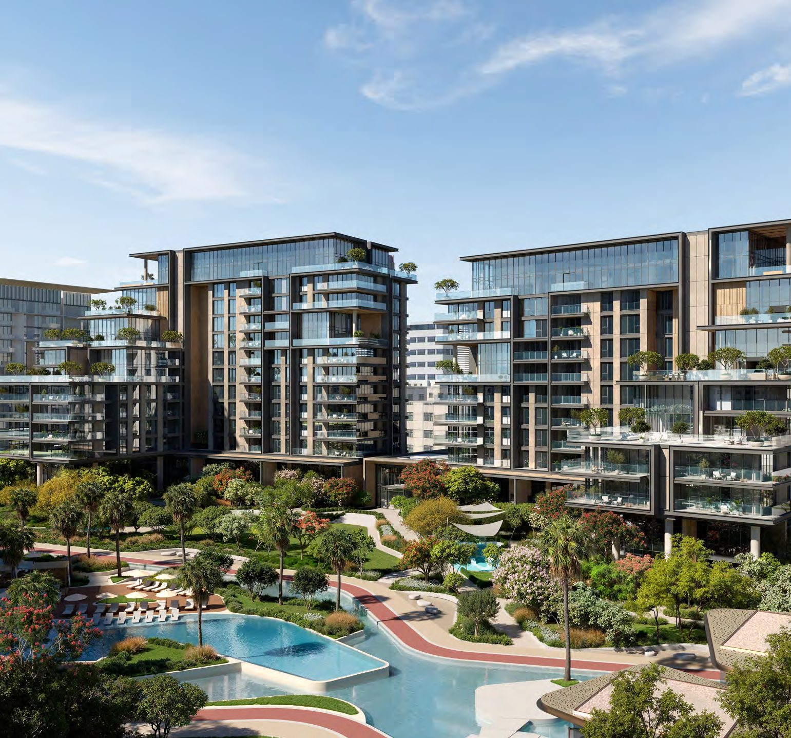 Aerial view of the lagoons and water spine running through City Walk Crestlane