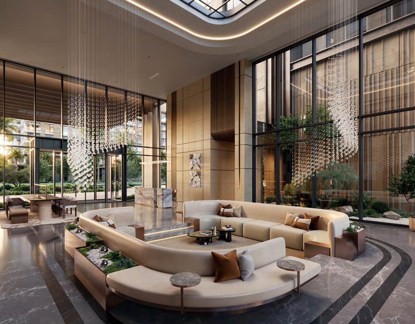 A sleek, elevated drop-off and a double-height lobby