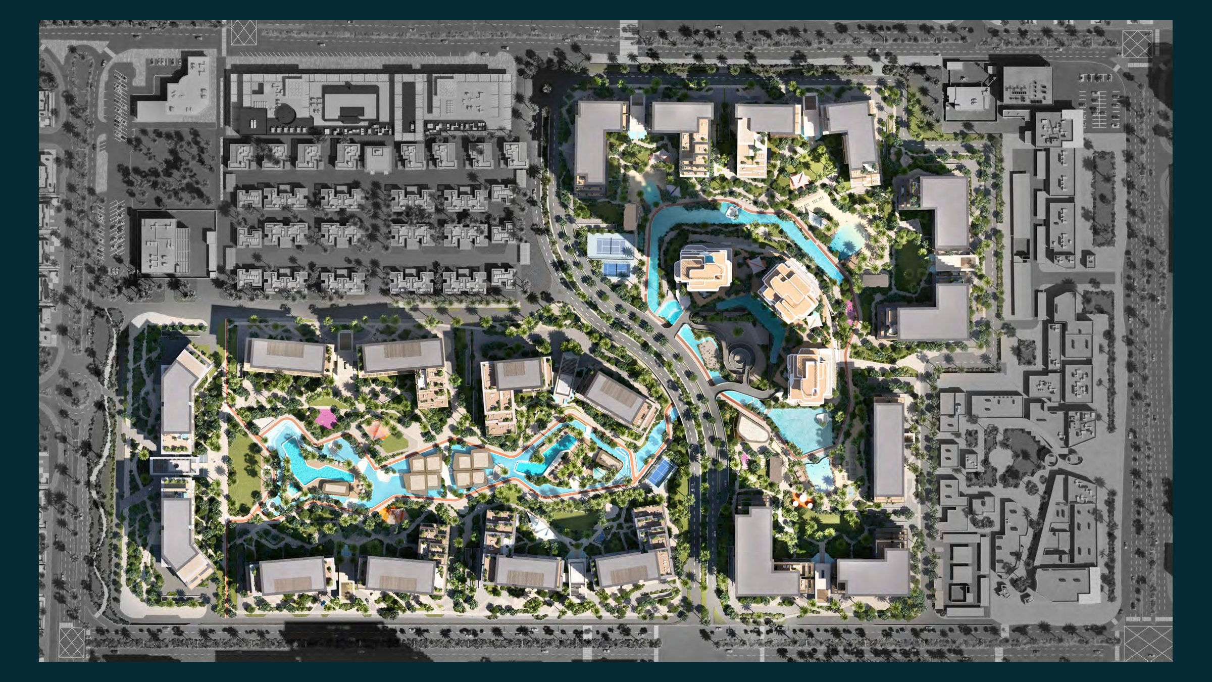 Developer's plan of the City Walk Crestlane community showing the water spine, pools and landscaped grounds between the buildings