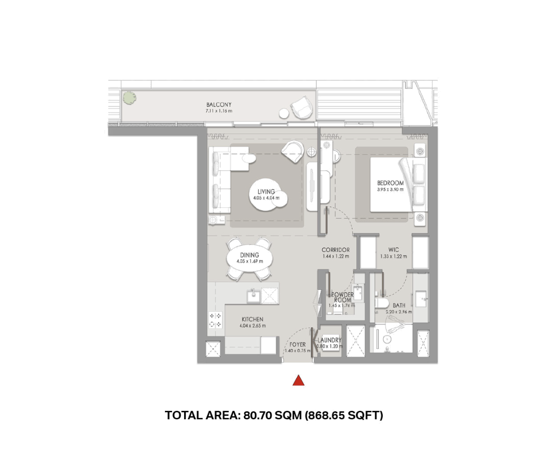 Floor plan of a one bedroom apartment at City Walk Crestlane, total area 80.70 sqm