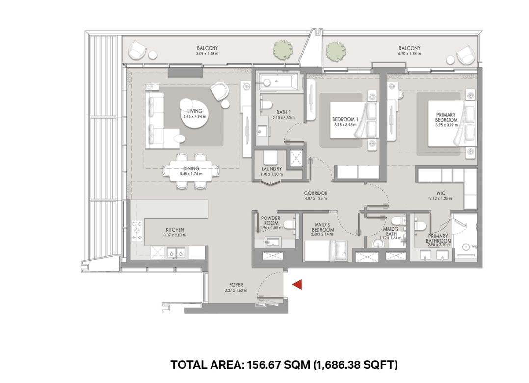 Floor plan of a two bedroom apartment at City Walk Crestlane, total area 156.67 sqm