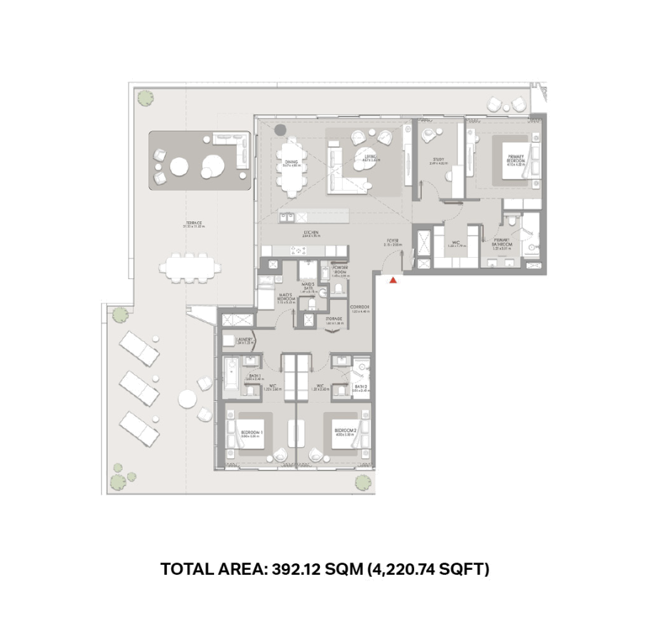 Floor plan of a three bedroom apartment at City Walk Crestlane, total area 392.12 sqm
