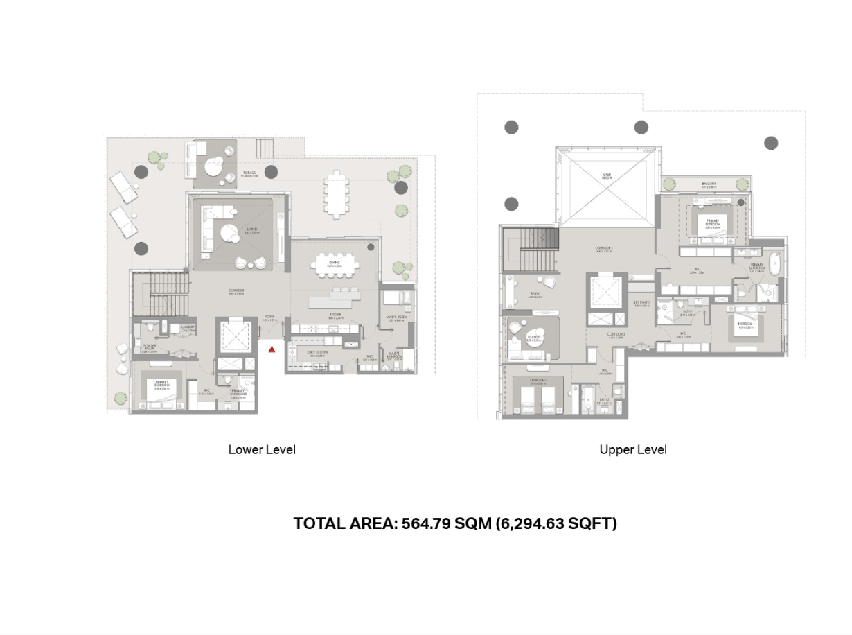 Floor plan of a four bedroom duplex at City Walk Crestlane across lower and upper levels, total area 564.79 sqm