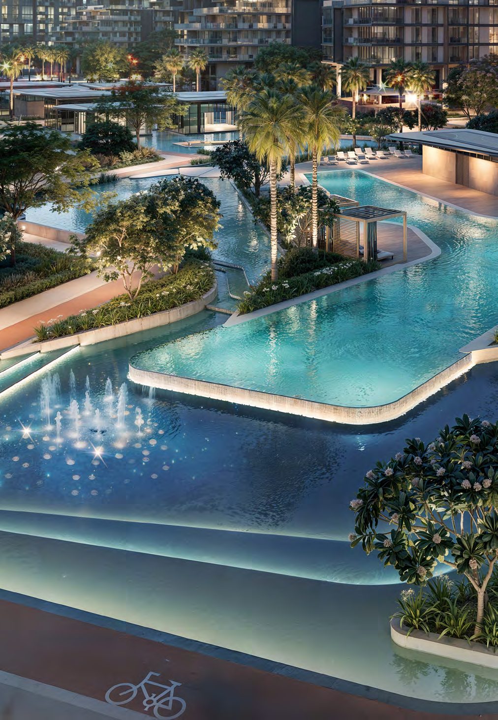 Swimming pools along the water spine