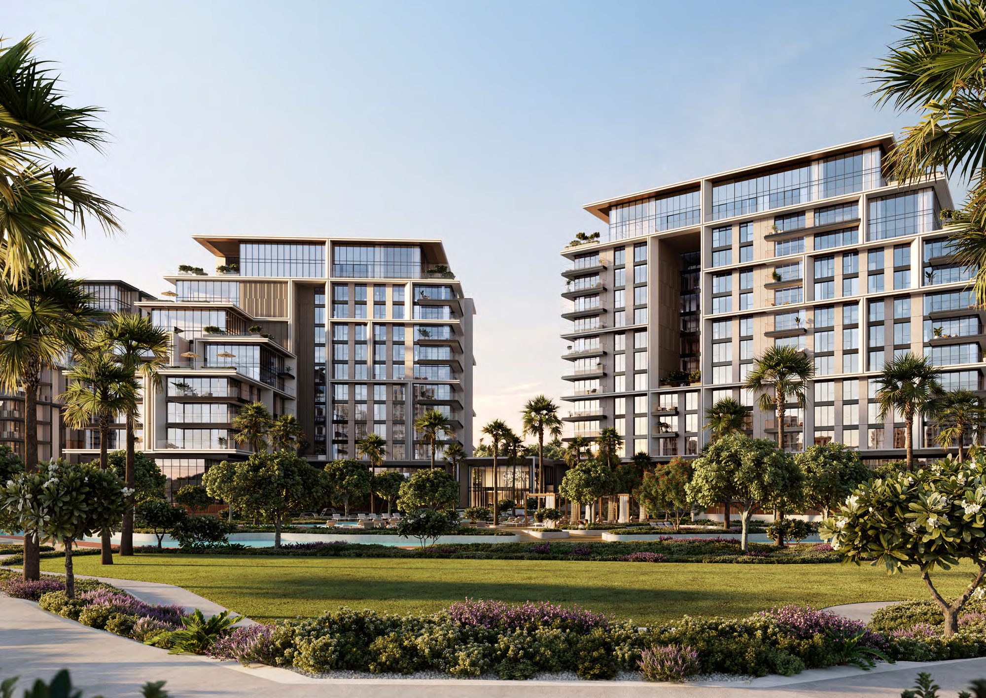 Mid-rise residences at City Walk Crestlane opening onto the park landscape