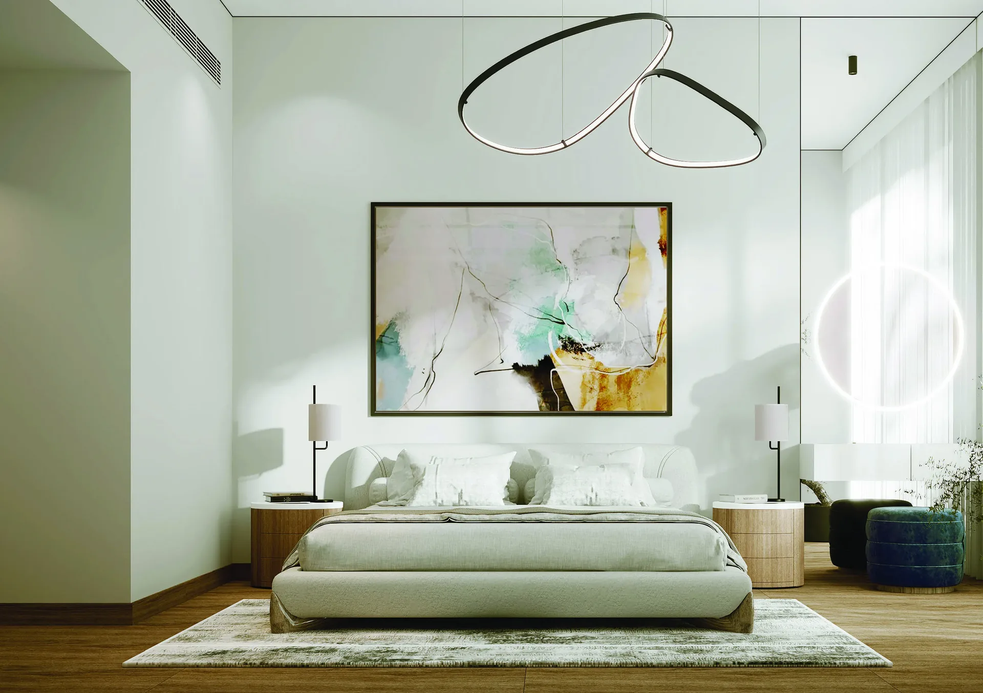Bedroom in white and oak with a ring pendant light and abstract artwork above the bed