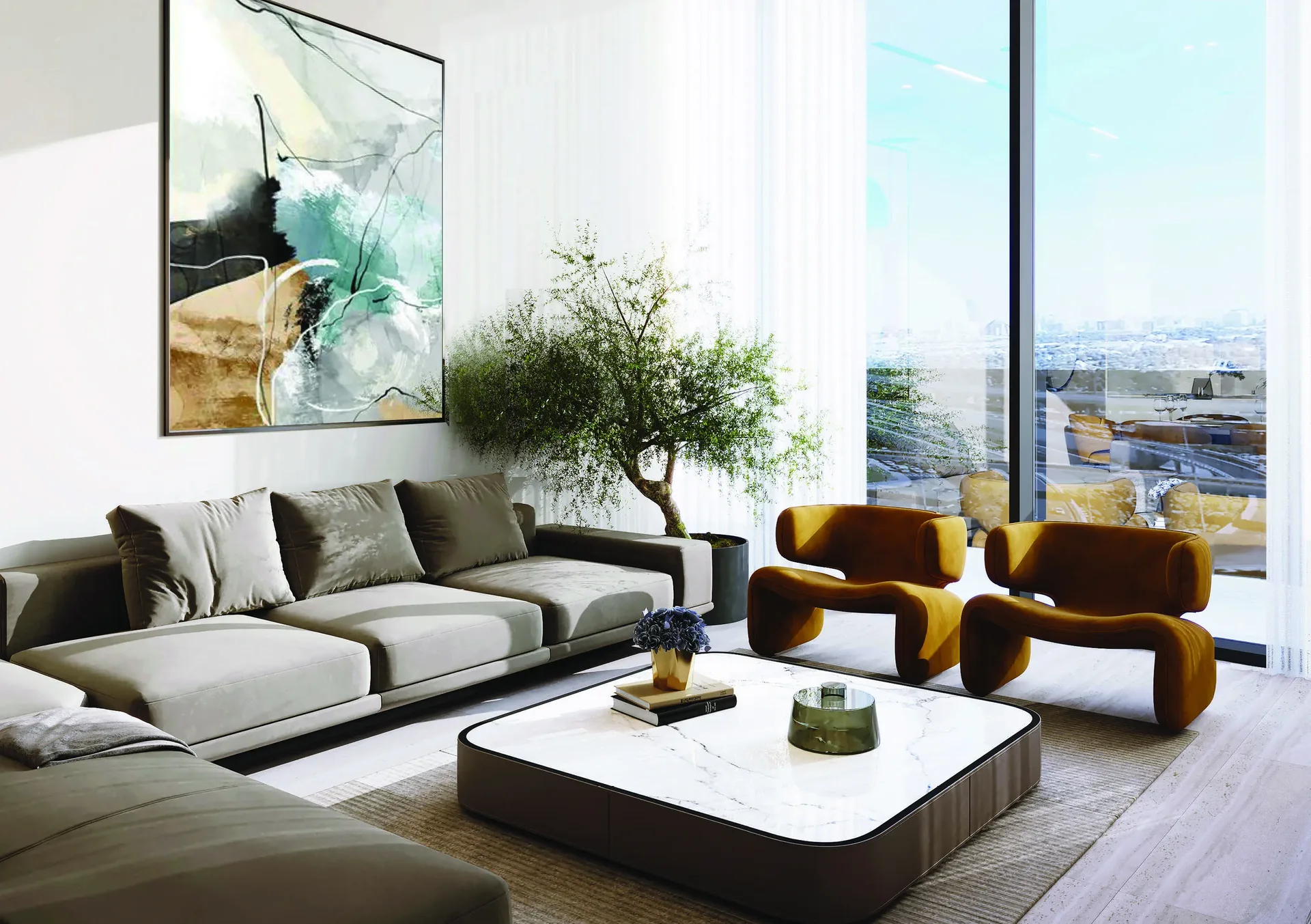 Open-plan living room with a grey sofa, caramel armchairs and floor-to-ceiling glazing over the city