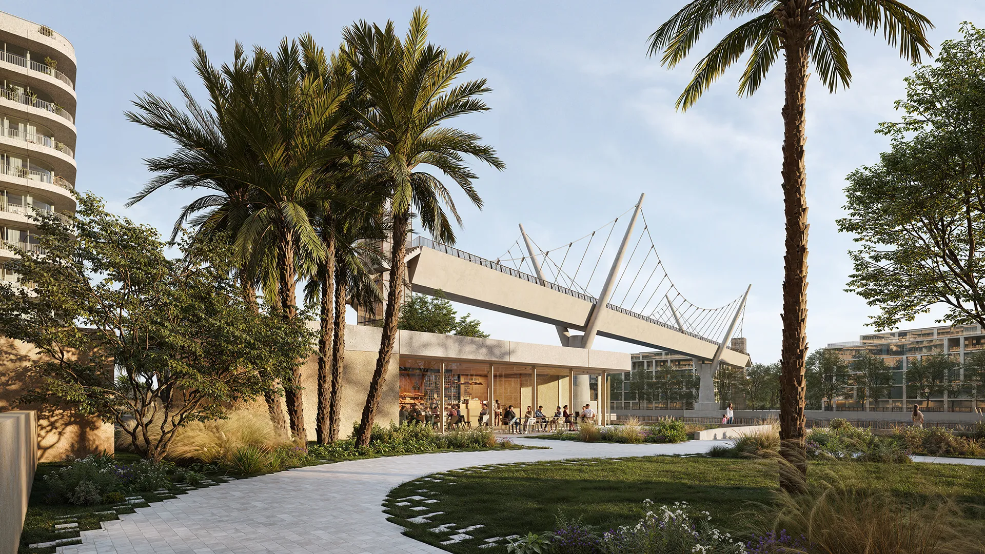 The footbridge and pavilion among the palms