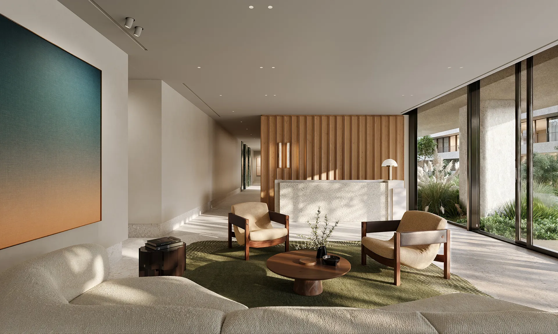 The Building B lobby: woven panelling, sculptural seating and a patterned rug