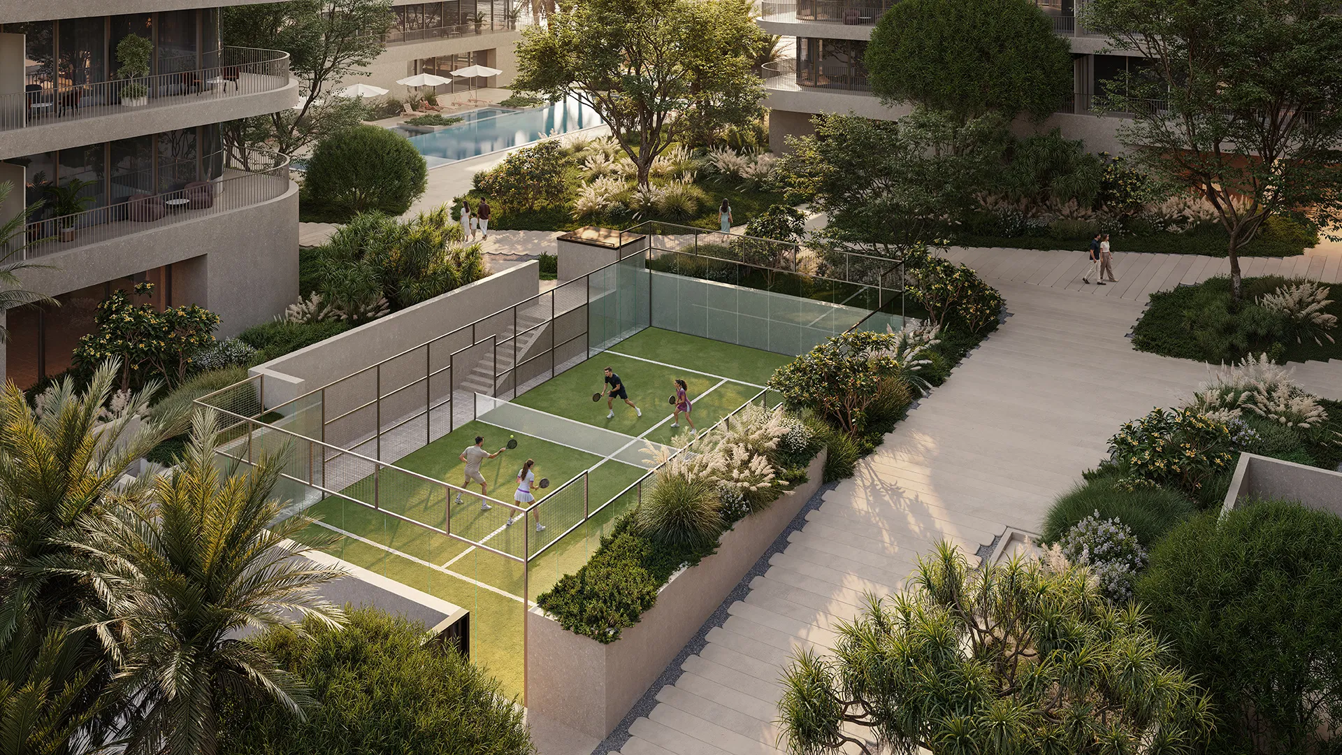 One of the two padel courts in the parkland