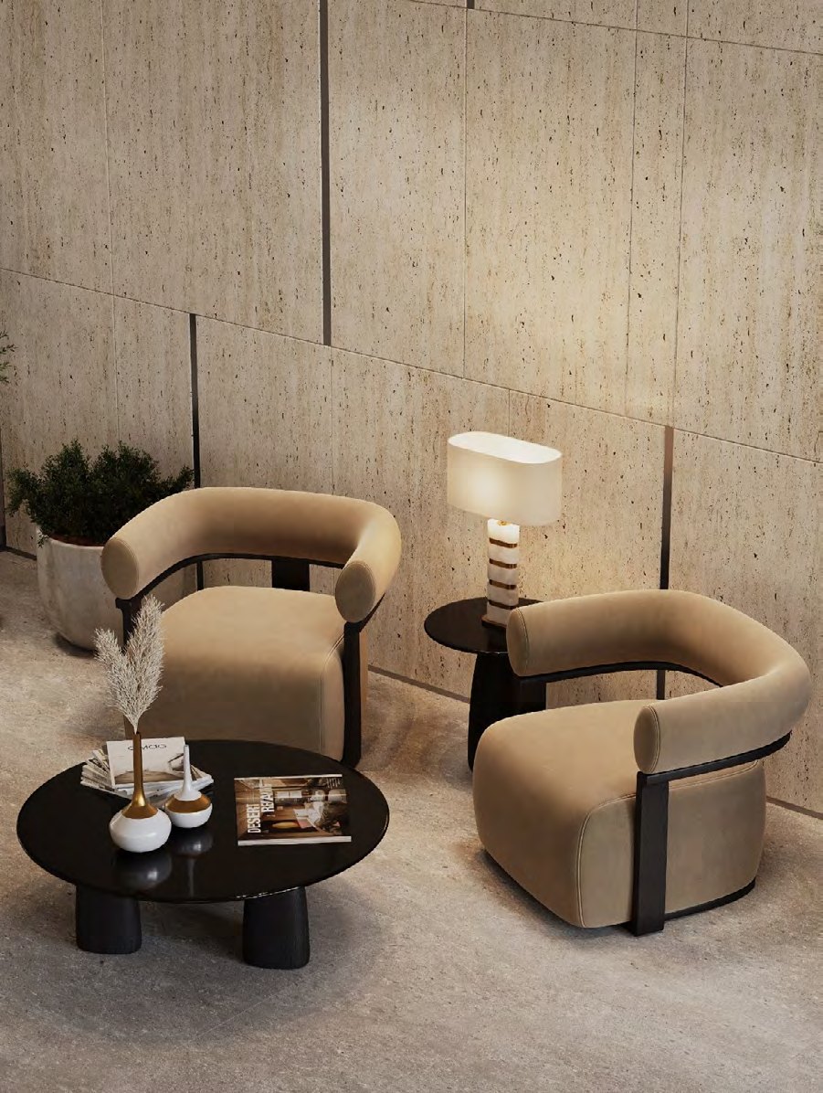 Lounge seating in tan leather against a travertine wall