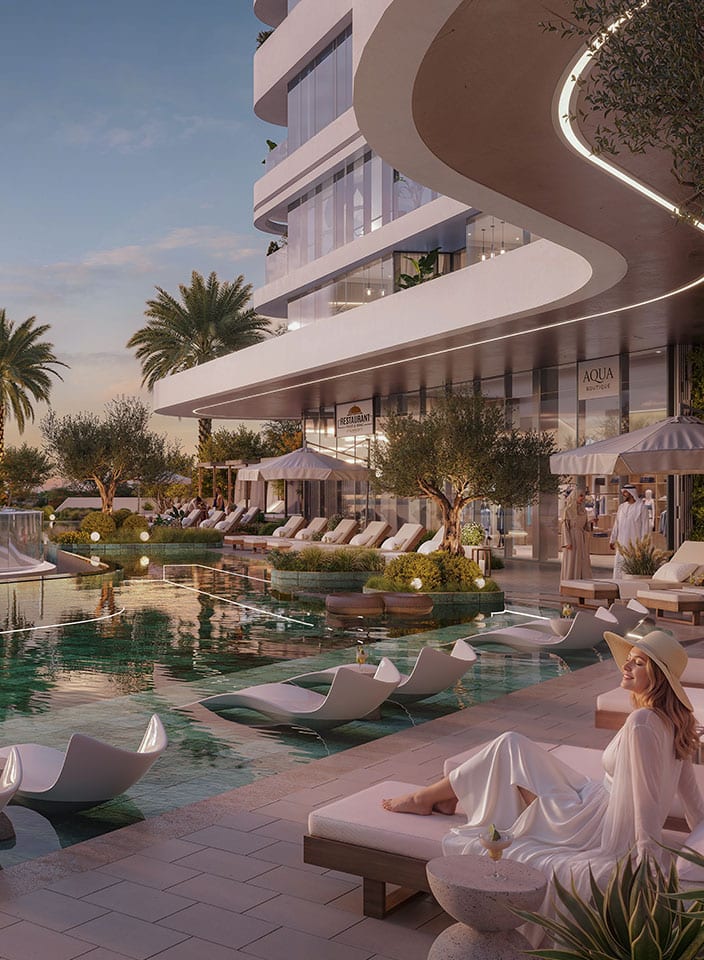 Pool deck with loungers under the curved balconies of a Linar tower