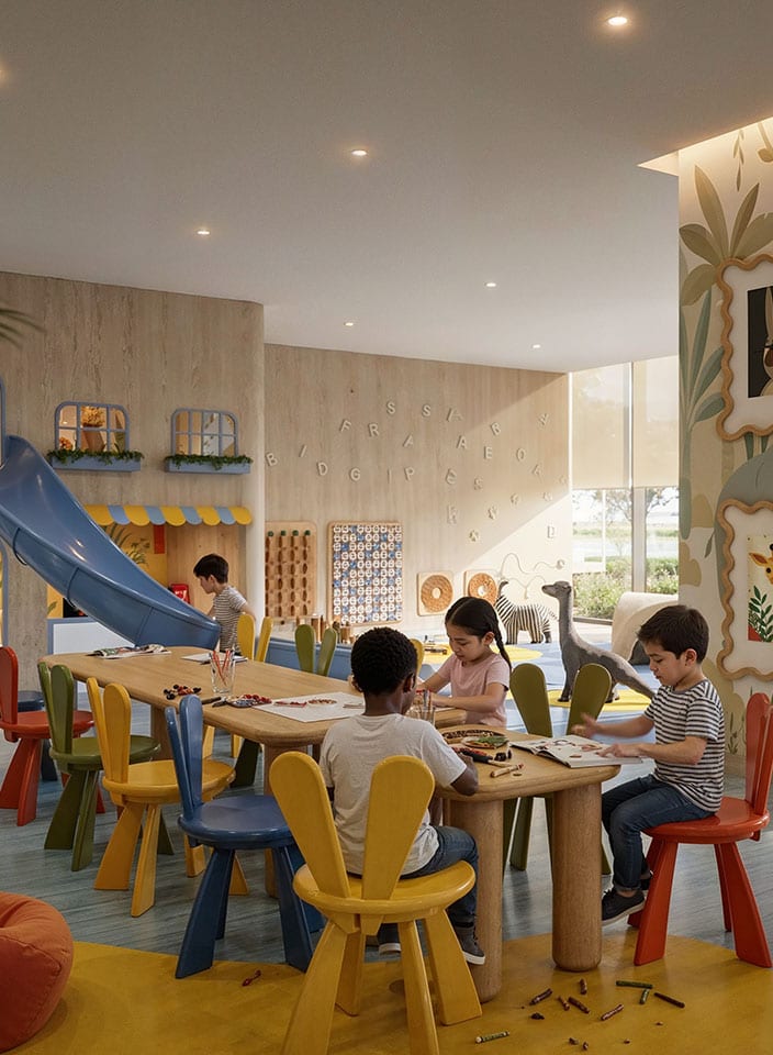 Indoor kids' play area with slides and a low table