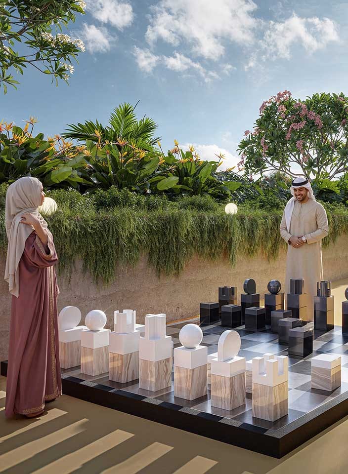 Giant outdoor chess set in a pocket garden at Linar