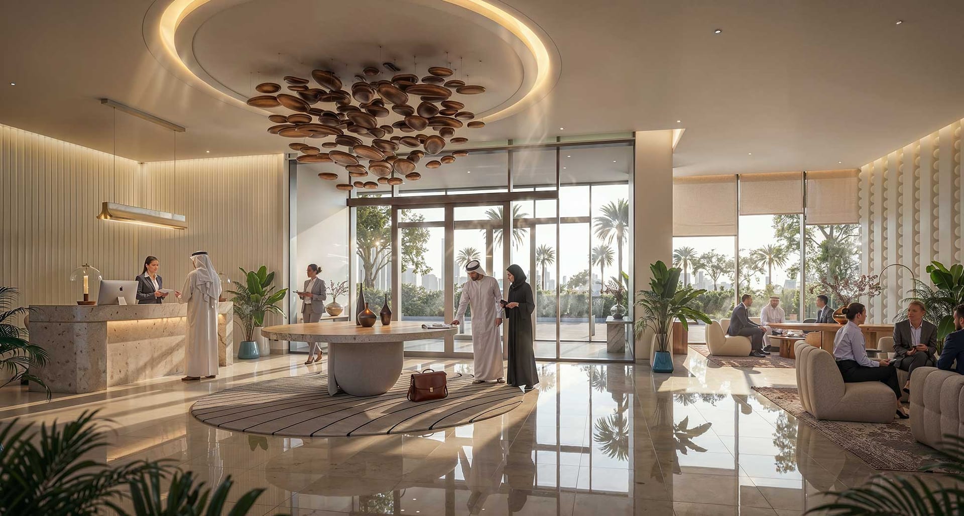 Residents' lobby with a sculptural ceiling installation