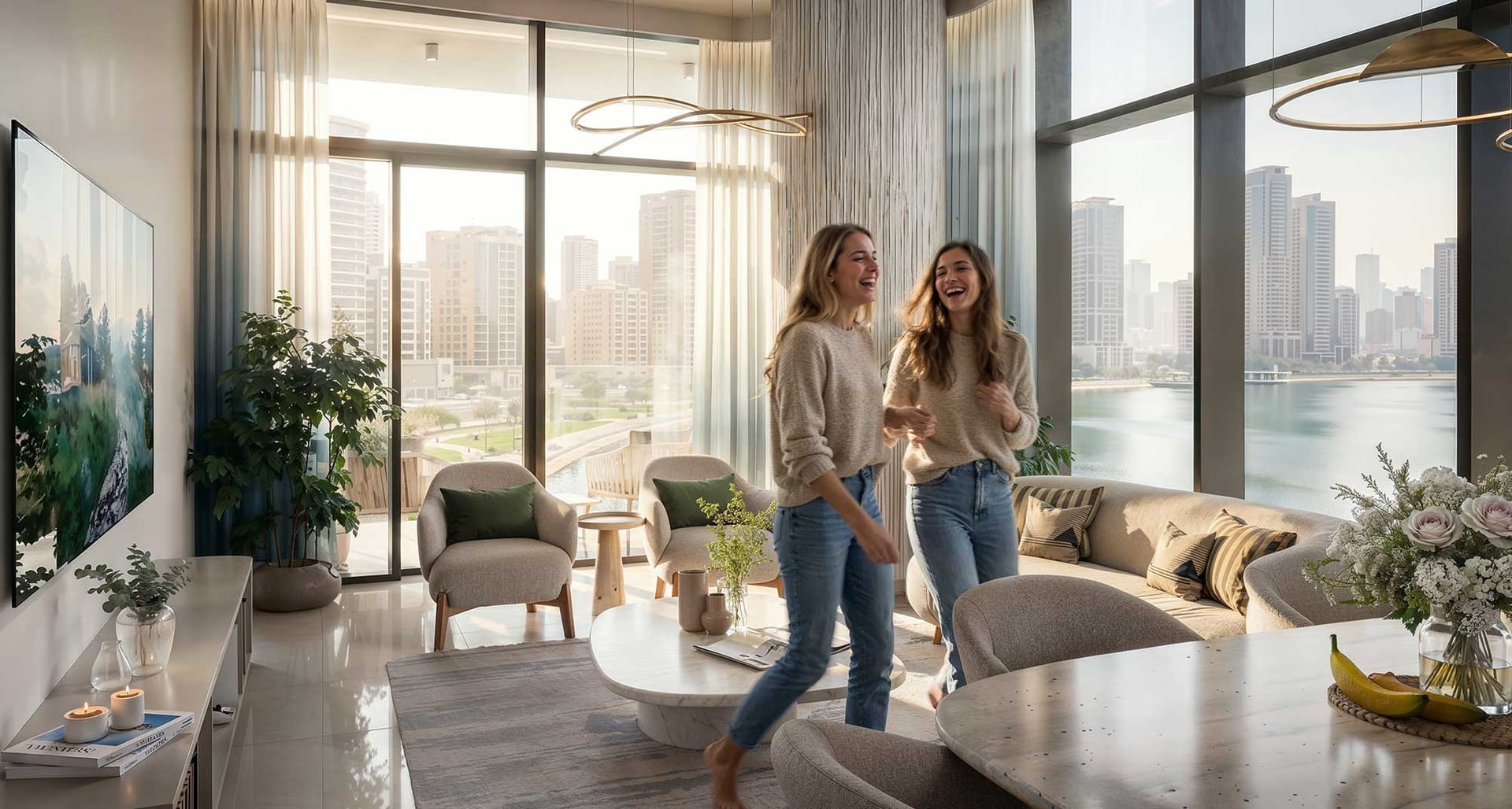 Living and dining room with full-height glazing onto the city skyline
