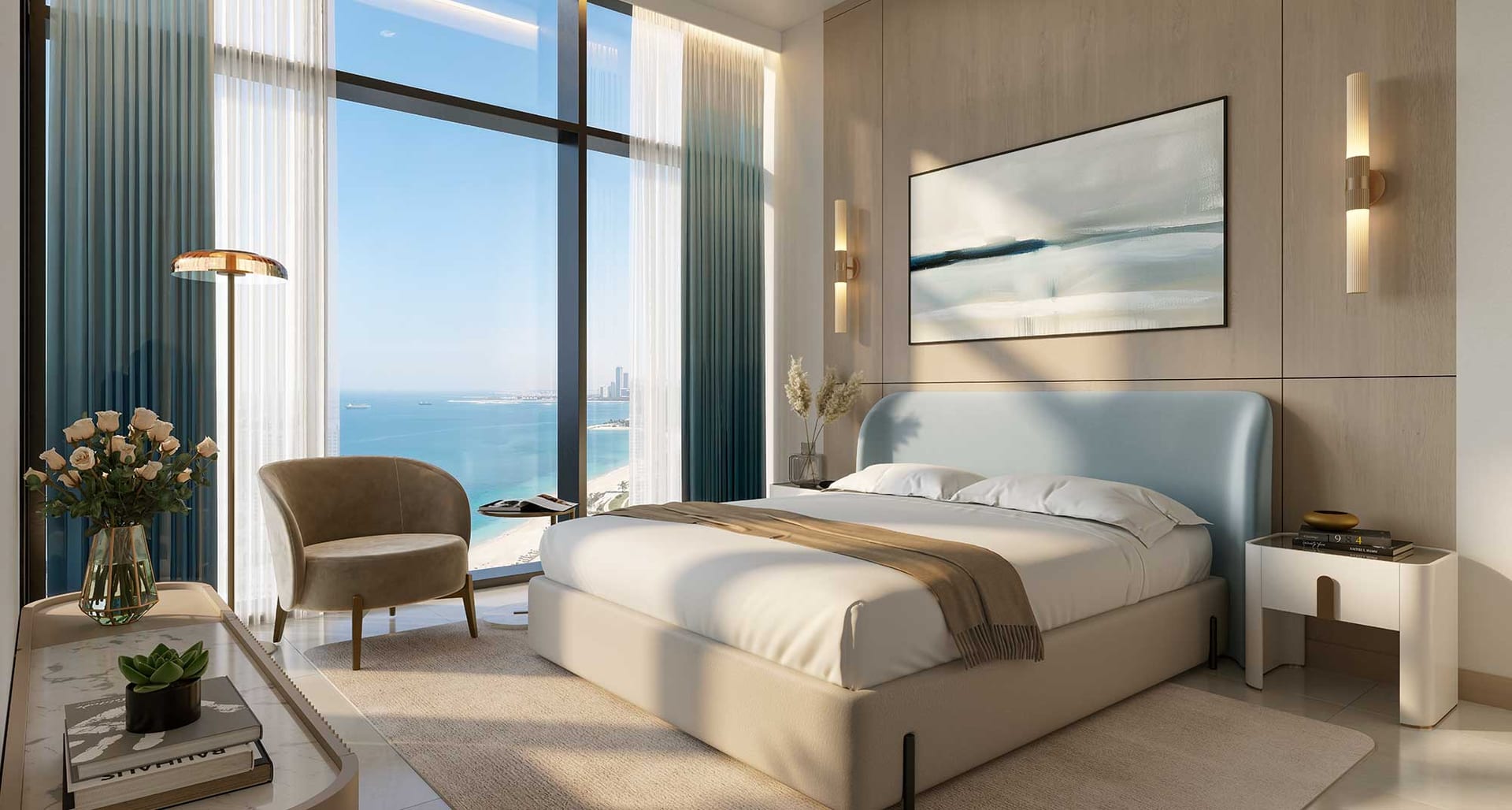 Bedroom at Linar with floor-to-ceiling glazing onto the sea