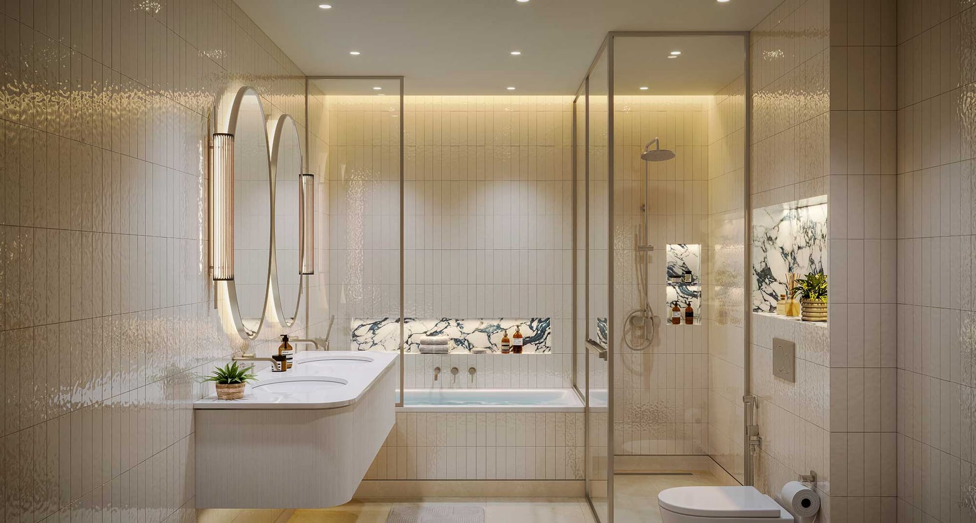 Bathroom with freestanding bath and backlit mirrors