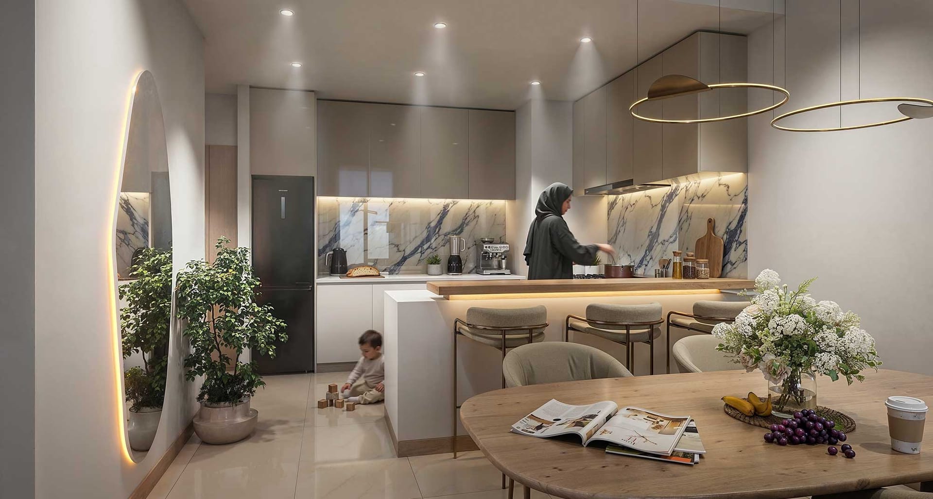 Contemporary kitchen with island and pendant lighting