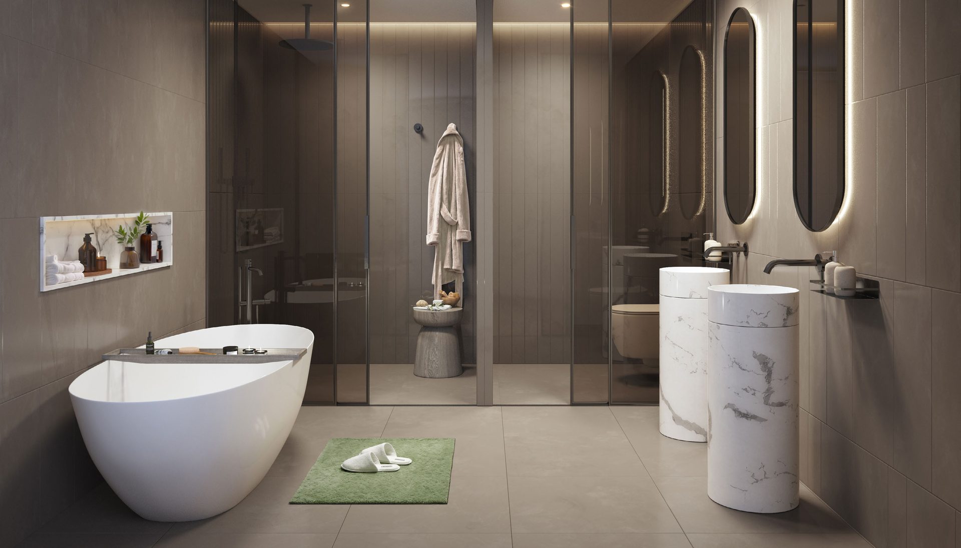 Bathroom in the dark scheme with matte-black hardware