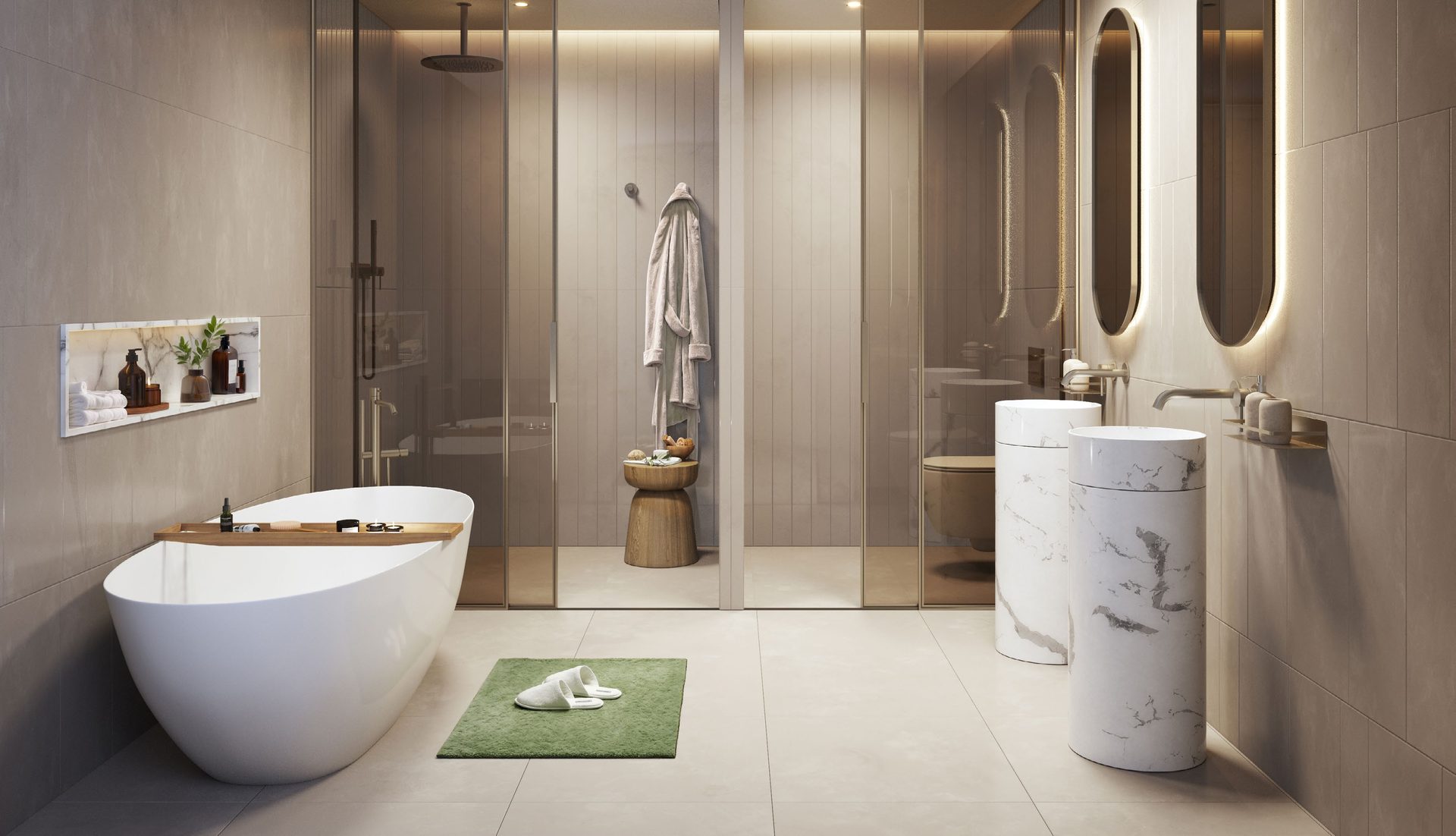 Bathroom in the light scheme with brushed-nickel hardware