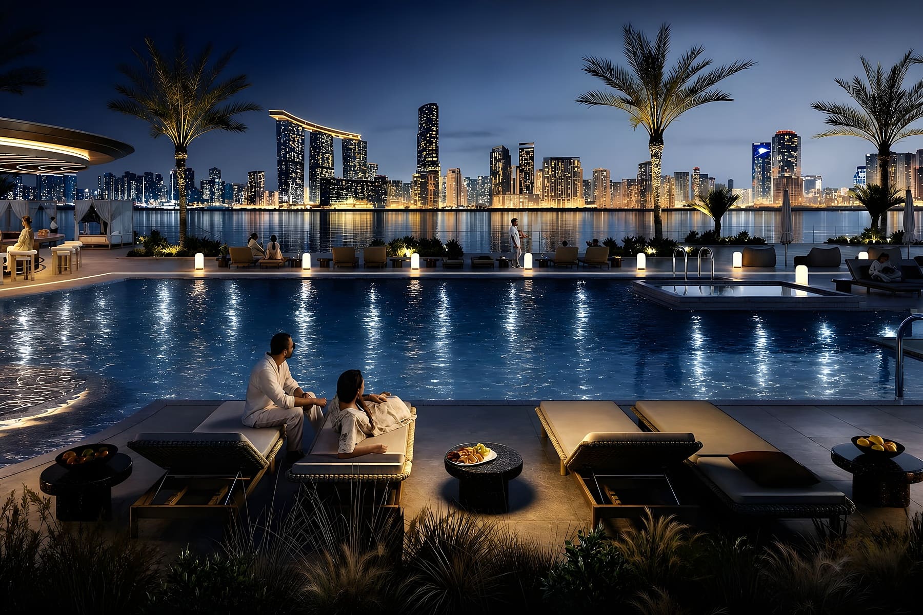 Residents' pool deck at night
