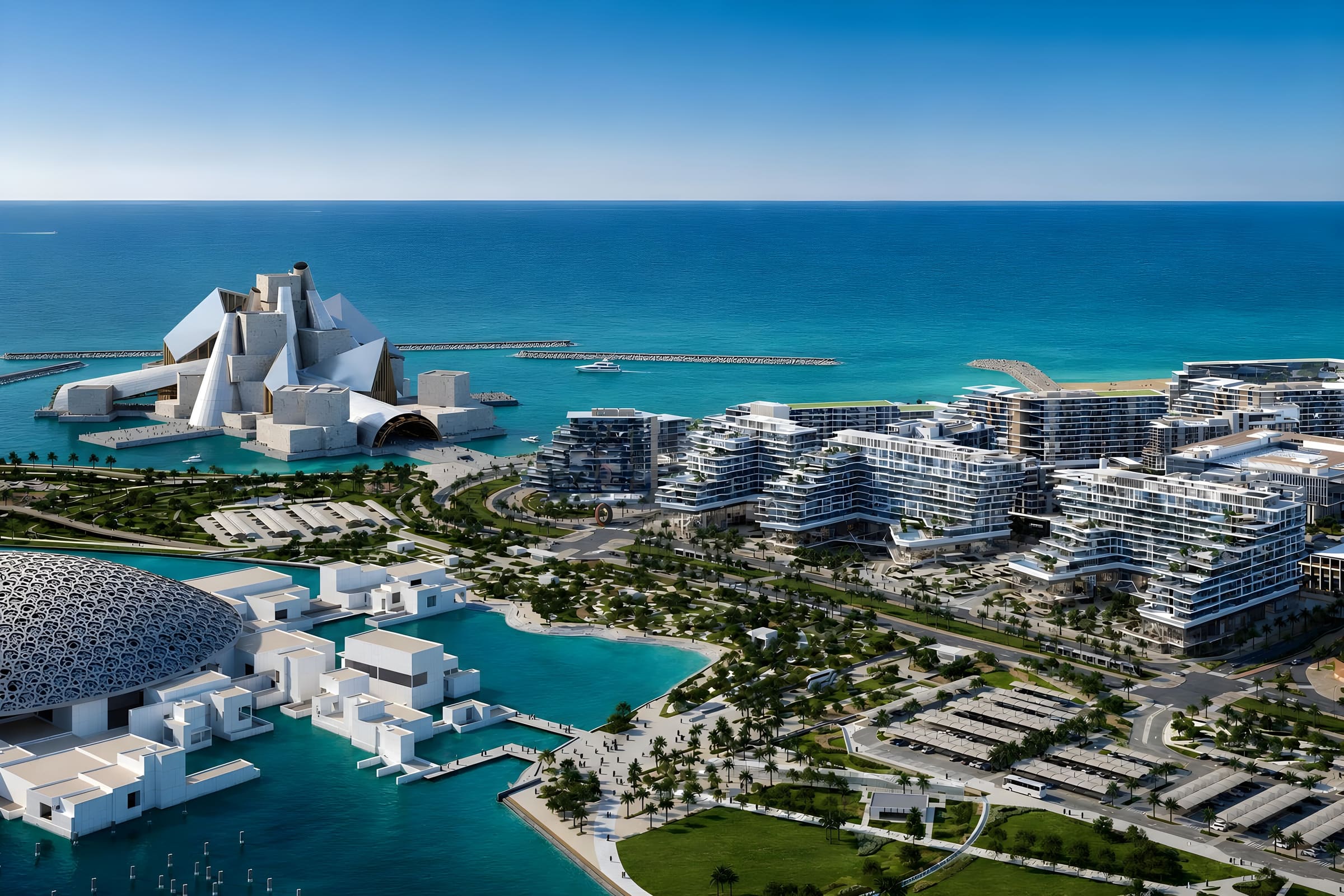 Aerial view of the Marsa Al Saadiyat masterplan on Saadiyat Island, Abu Dhabi, showing the marina, waterfront residences and the Louvre Abu Dhabi dome
