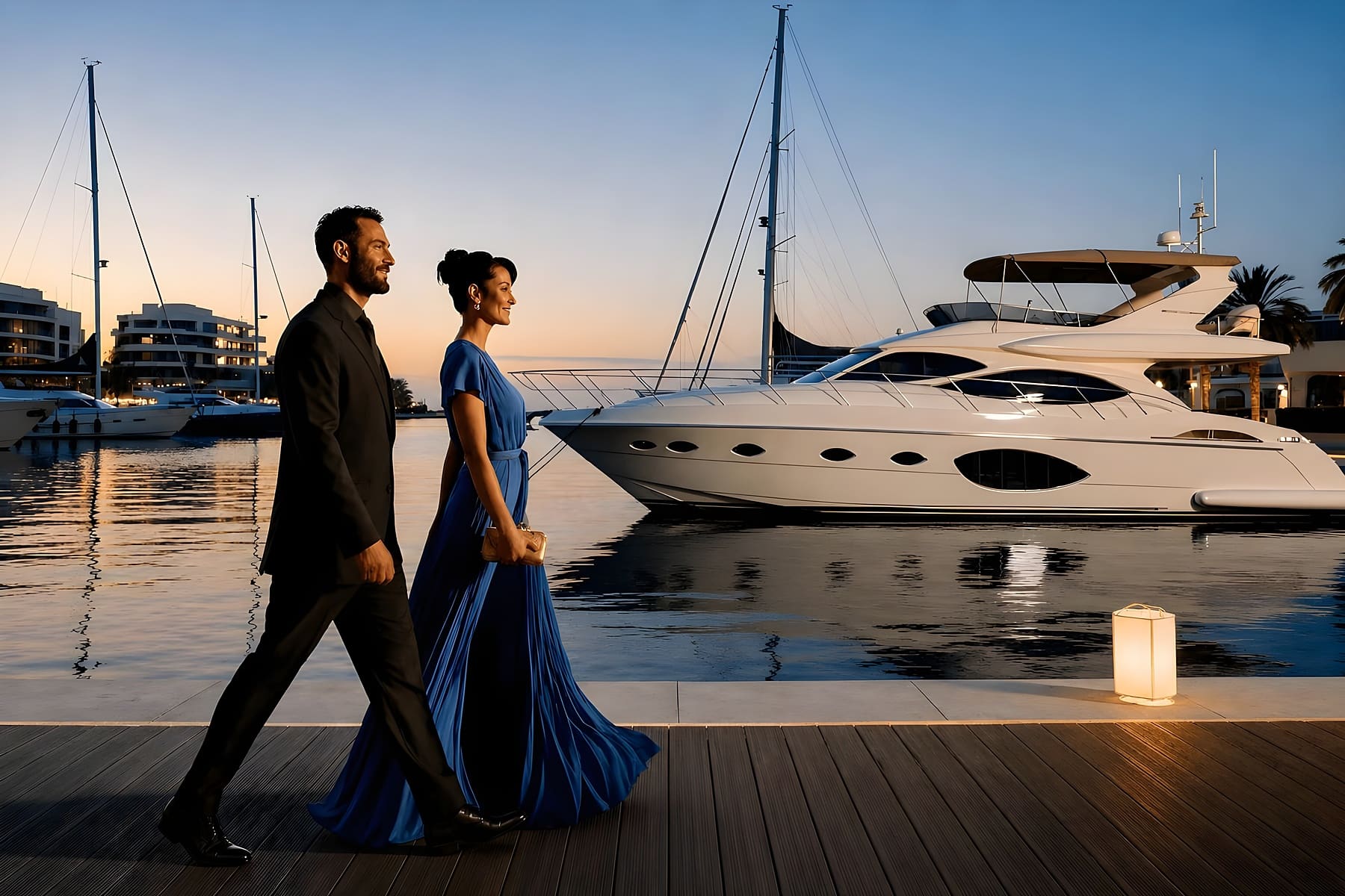 Couple walking the Marsa Al Saadiyat marina boardwalk at sunset, past moored yachts