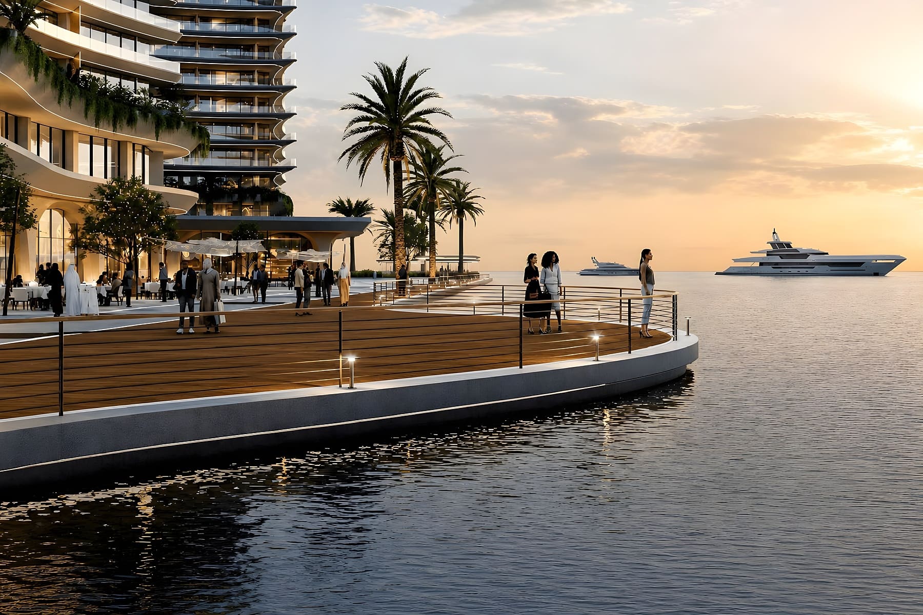 Marsa Al Saadiyat marina promenade at sunset with moored yachts and waterfront residences
