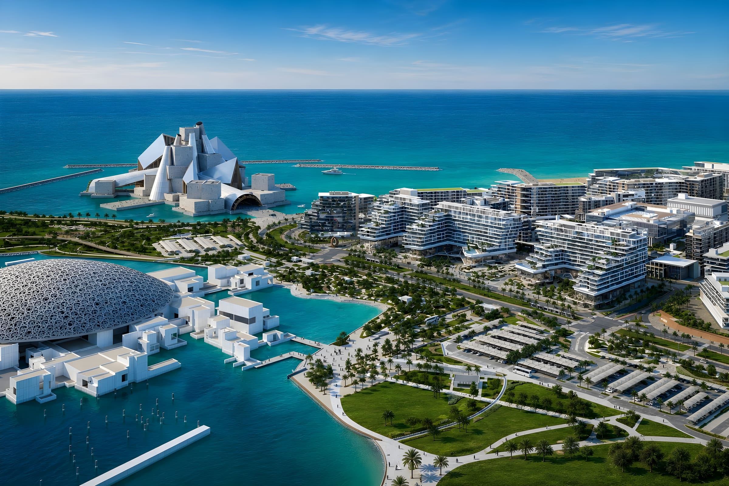 Marsa Al Saadiyat waterfront district seen from the air, with the Louvre Abu Dhabi and low-rise residences along the shoreline