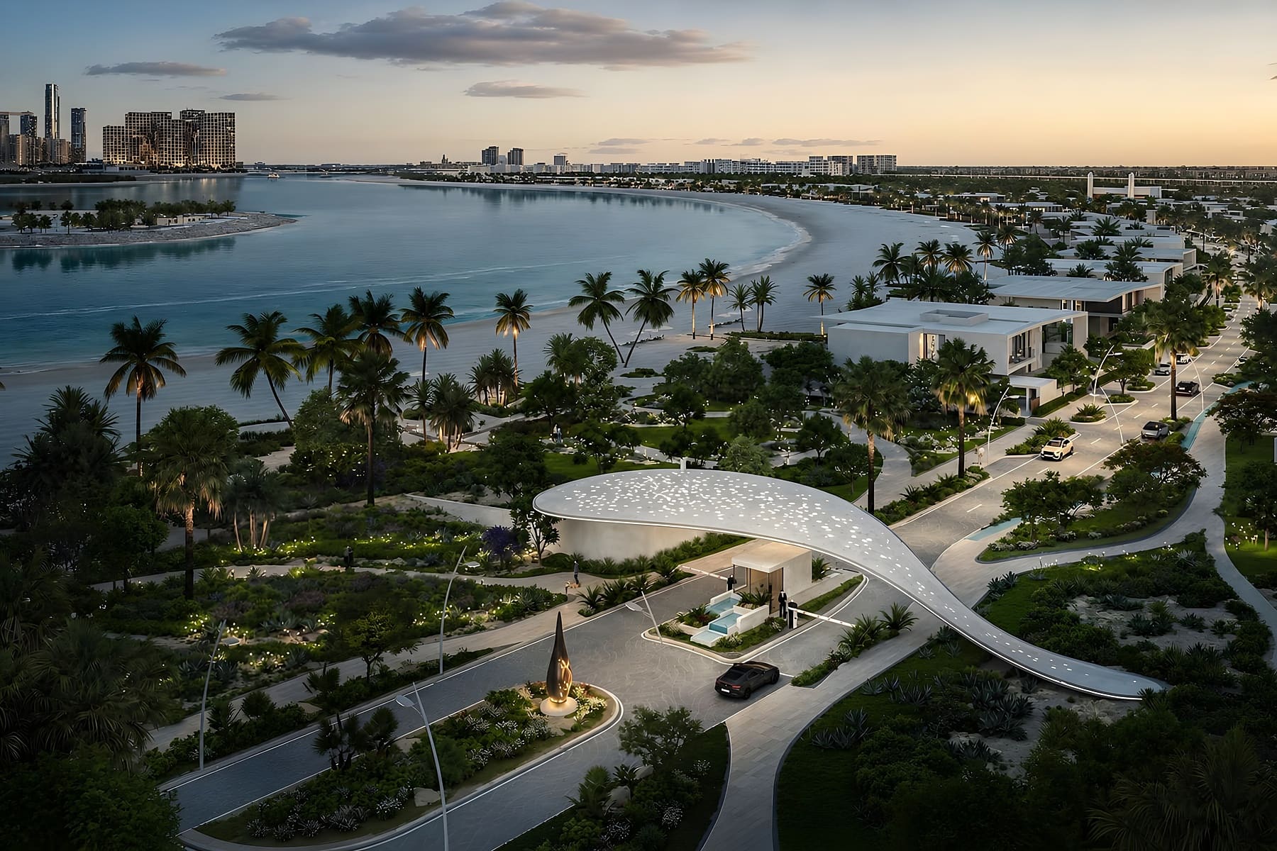 Landscaped central park and swimming lagoon at Marsa Al Saadiyat with the Abu Dhabi skyline beyond