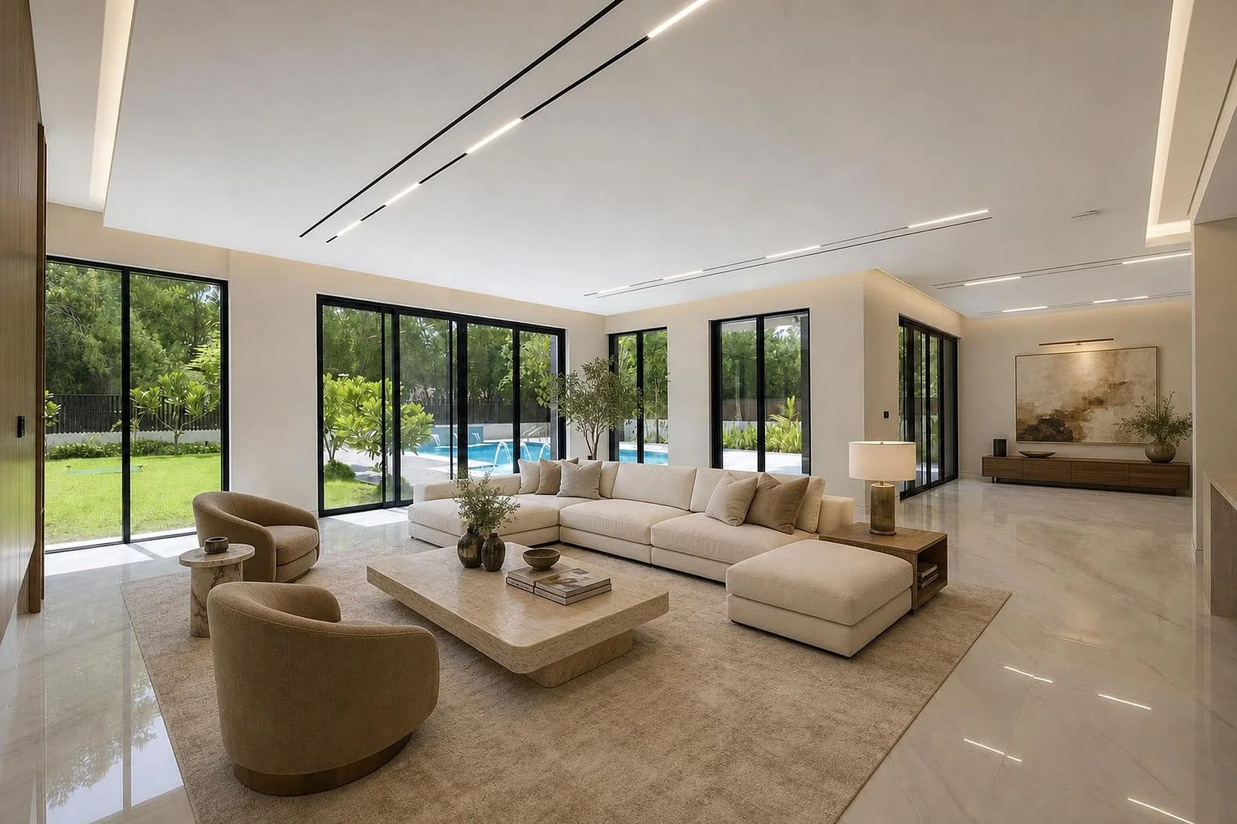 The family living room opening through full-height glazing onto the pool terrace and garden