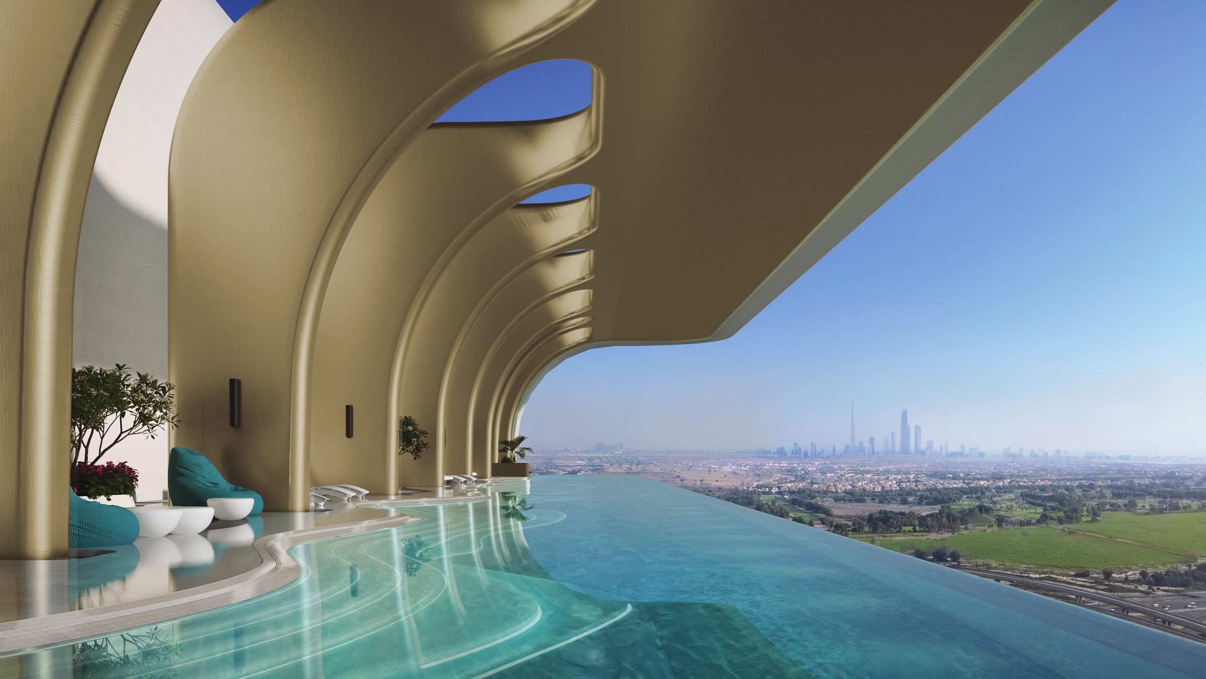 The rooftop infinity pool under the tower's sculpted crown, with the Dubai skyline beyond