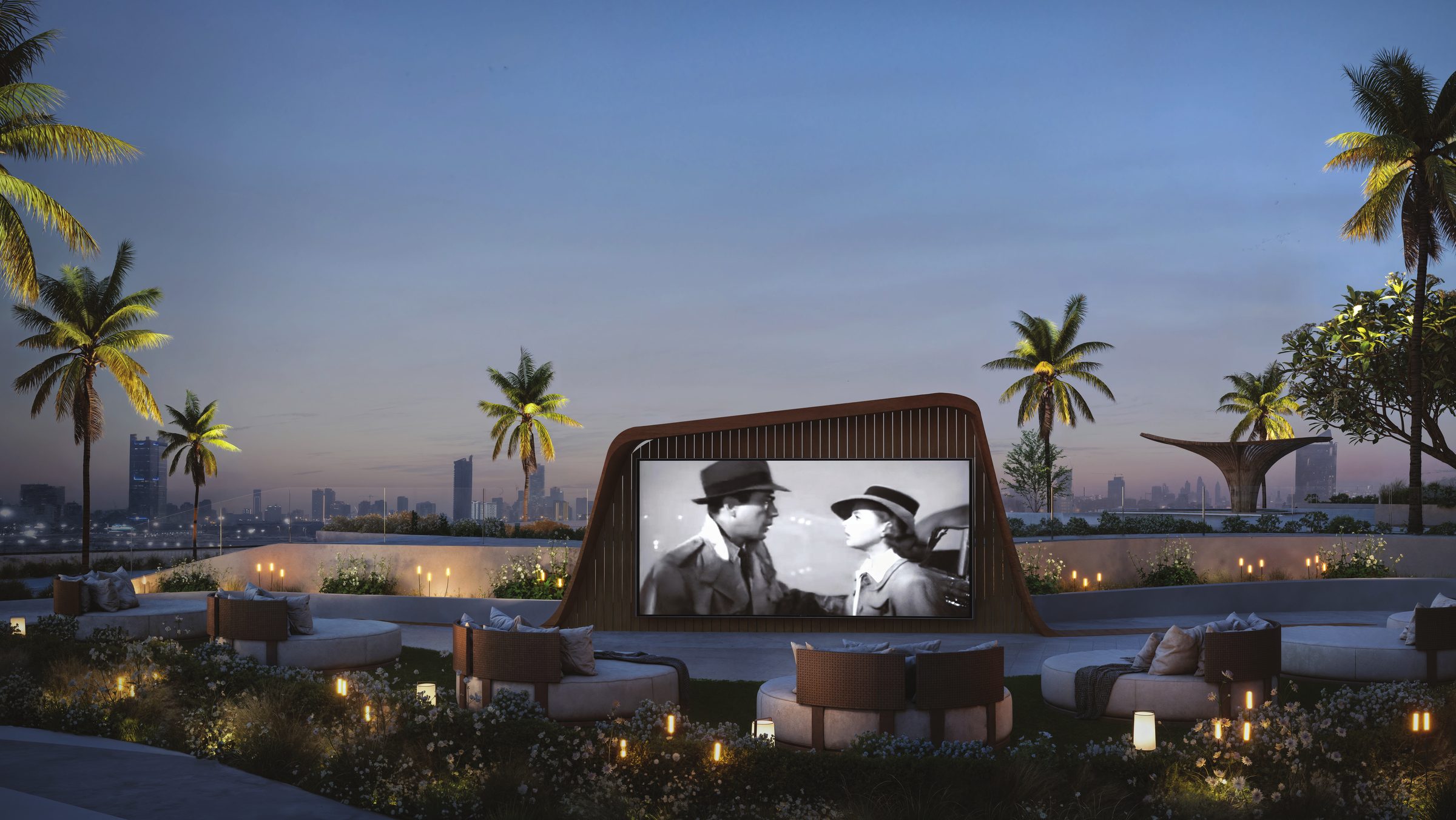The outdoor cinema on the podium lawns at night