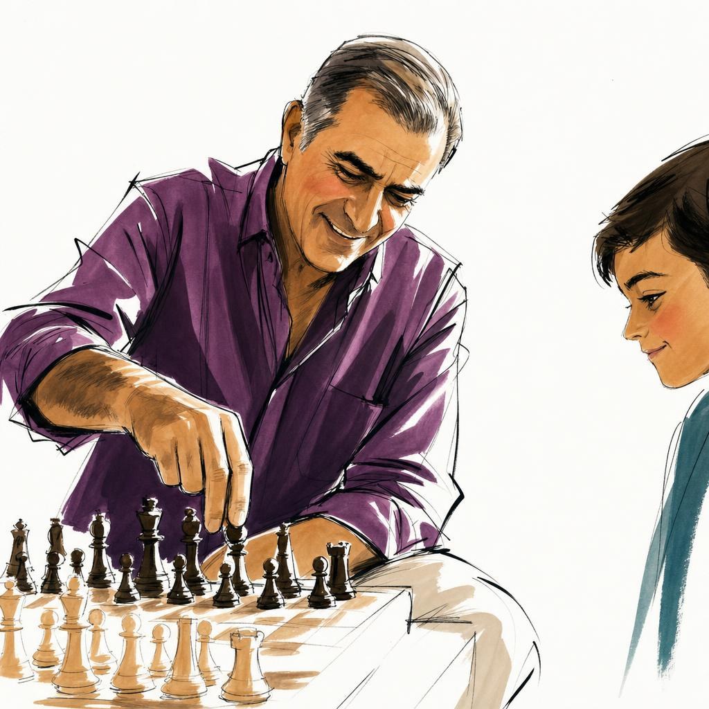 Illustration: a grandfather and a boy over a chessboard