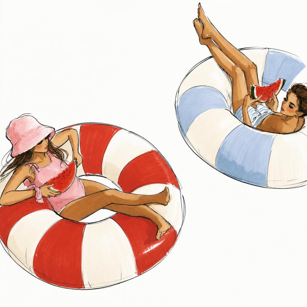 Illustration: two people floating on rings in the pool