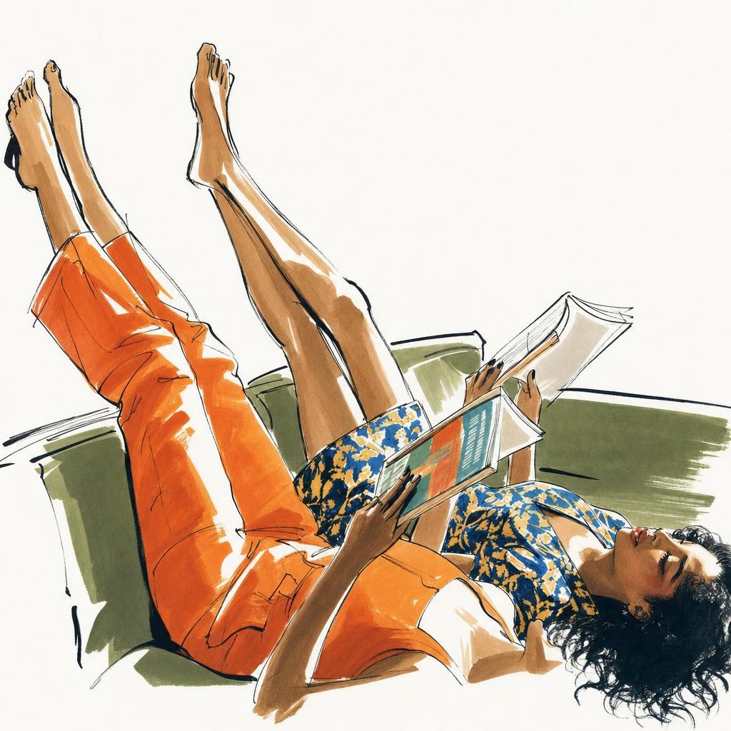 Illustration: a woman reading with her feet up on a sofa