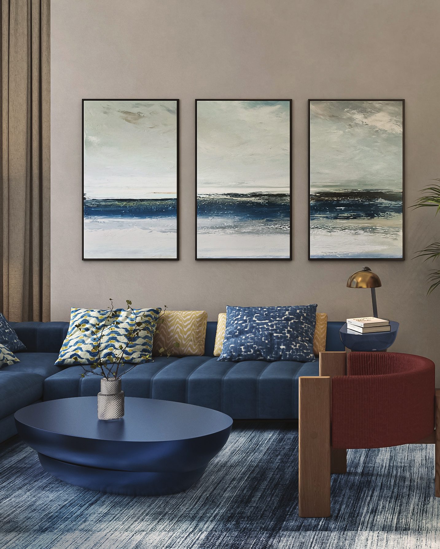 Living room interior with wood-look flooring and a navy sofa