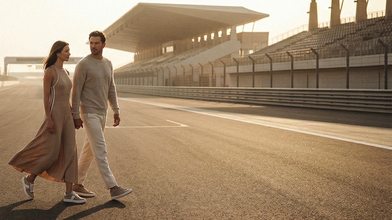 A couple walking beside the Dubai Autodrome circuit in Motor City